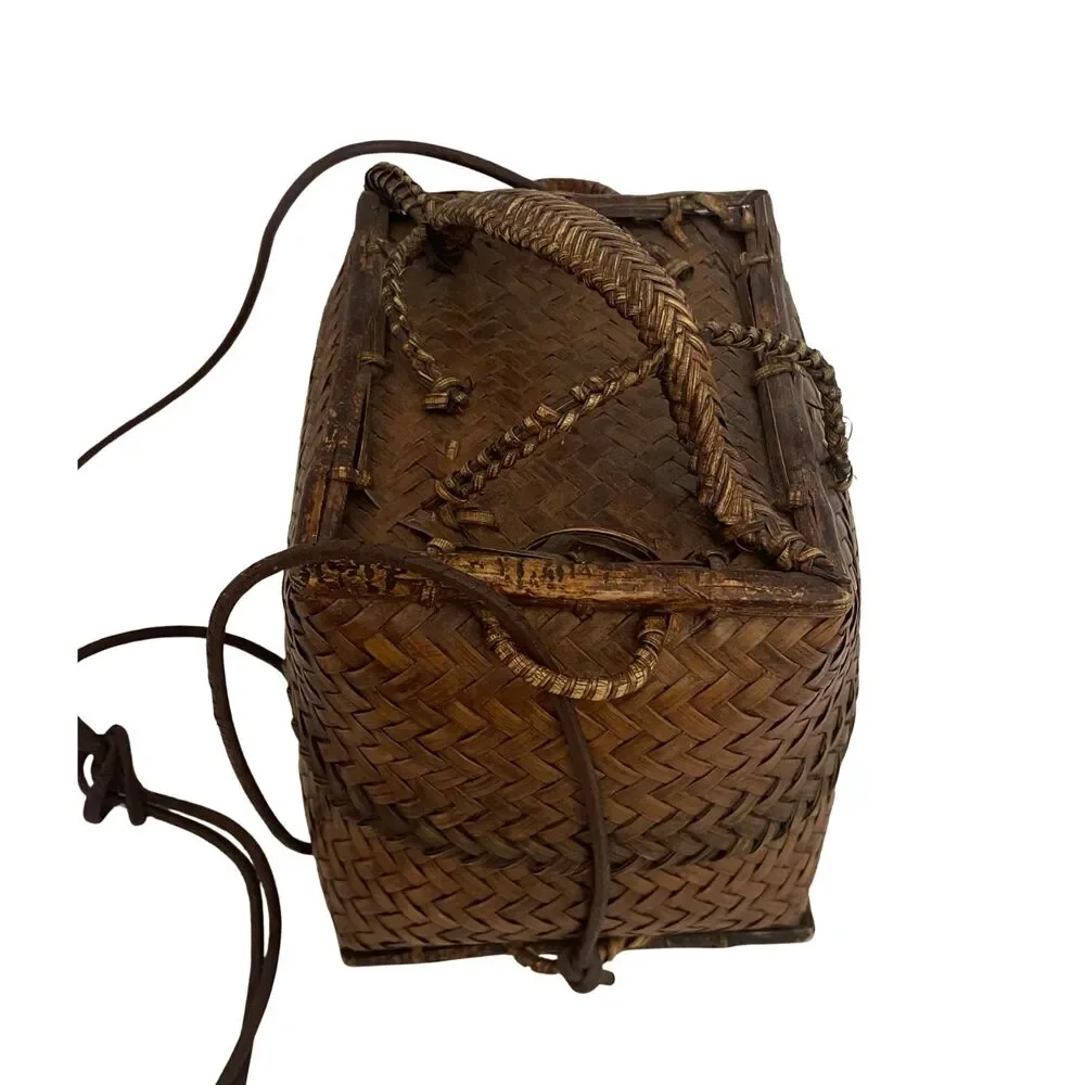 VTG Japanese Bamboo Ikebana Woven Wave Lidded Basket Purse Square Bag